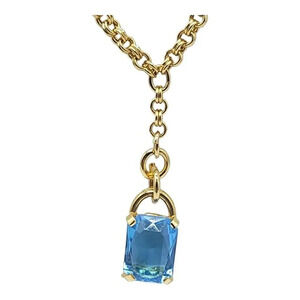 ParkLane Gold Tone Faux Blue Topaz Rhinestone Emerald Cut Pendant Necklace Vint